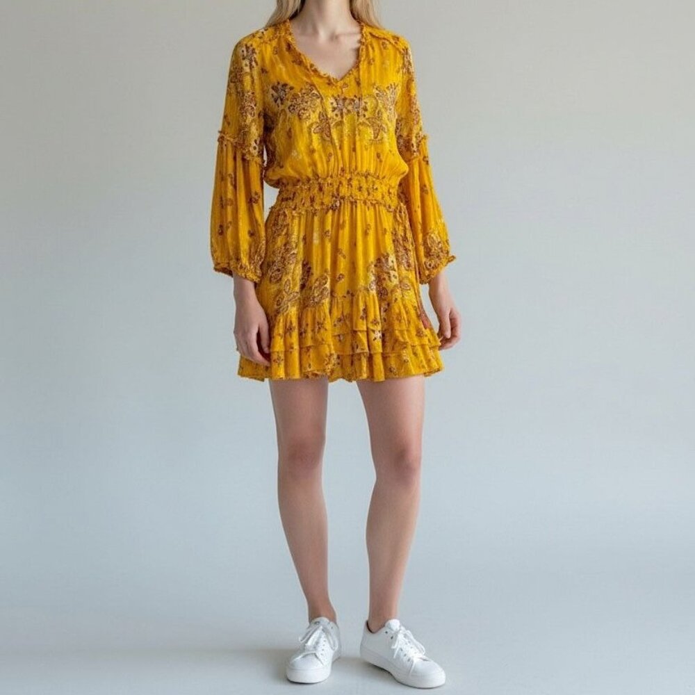 Poupette St. Barth Ilona Long-sleeve Mini Dress in Yellow Pineapple, Size XS